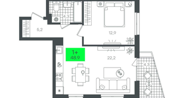 1-к. квартира, 48 м²