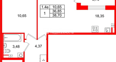 1-к. квартира, 36&nbsp;м²