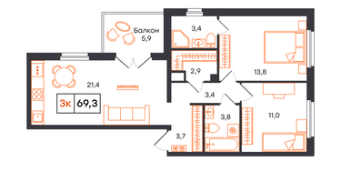 2-к. квартира, 69 м²