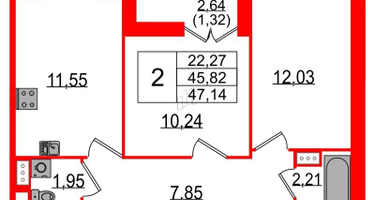 2-к. квартира, 47&nbsp;м²