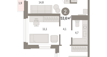 2-к. квартира, 53 м²