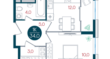 1-к. квартира, 34 м²