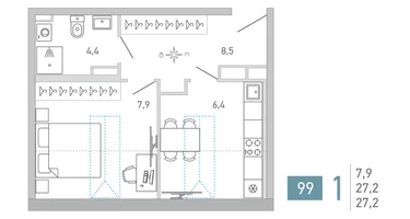 1-к. квартира, 27&nbsp;м²