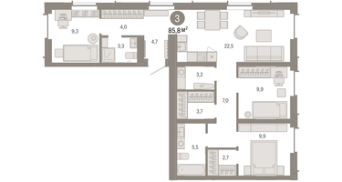 3-к. квартира, 85&nbsp;м²
