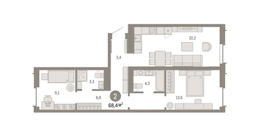 2-к. квартира, 68&nbsp;м²