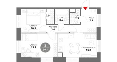 2-к. квартира, 60&nbsp;м²