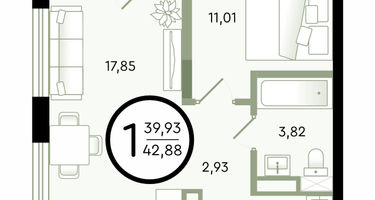 1-к. квартира, 42&nbsp;м²