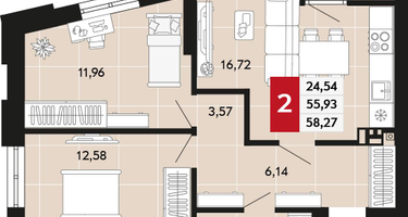 2-к. квартира, 58&nbsp;м²