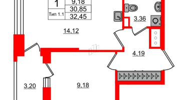 1-к. квартира, 30&nbsp;м²