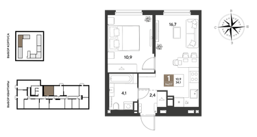1-к. квартира, 34&nbsp;м²