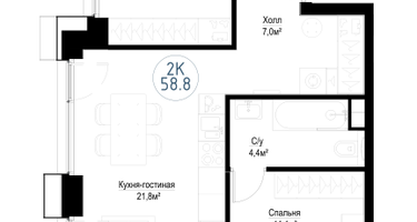 2-к. квартира, 57&nbsp;м²