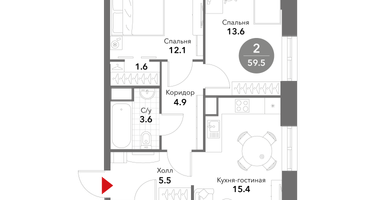 2-к. квартира, 59 м²