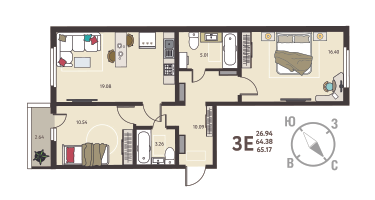 2-к. квартира, 65&nbsp;м²