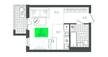 Студия, 32 м²