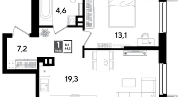 1-к. квартира, 42&nbsp;м²