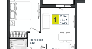 1-к. квартира, 42&nbsp;м²