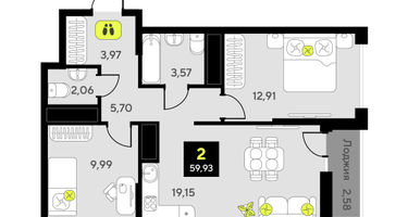 2-к. квартира, 59&nbsp;м²