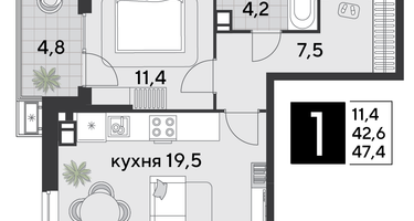 1-к. квартира, 46&nbsp;м²