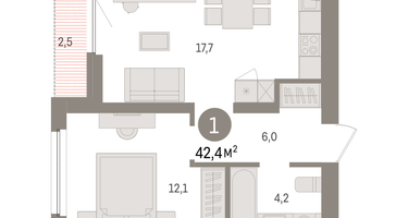 1-к. квартира, 42 м²