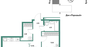 2-к. квартира, 51 м²
