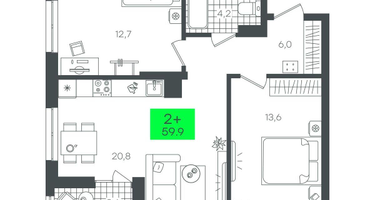 2-к. квартира, 59&nbsp;м²