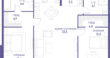 2-к. квартира, 84&nbsp;м²
