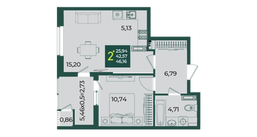 2-к. квартира, 46 м²