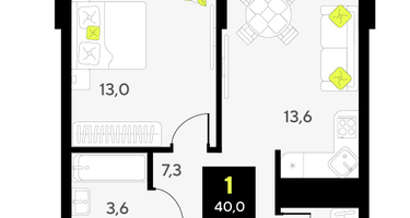 1-к. квартира, 40&nbsp;м²