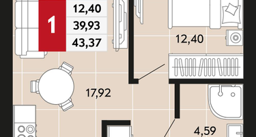 1-к. квартира, 43&nbsp;м²