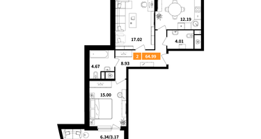 2-к. квартира, 64 м²