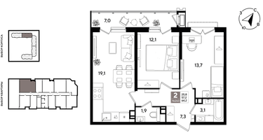 2-к. квартира, 64&nbsp;м²