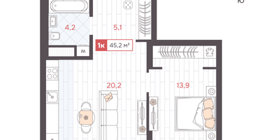 1-к. квартира, 45 м²