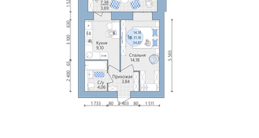 1-к. квартира, 34 м²