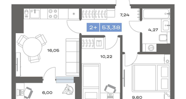 2-к. квартира, 53&nbsp;м²