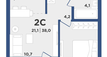 2-к. квартира, 38&nbsp;м²