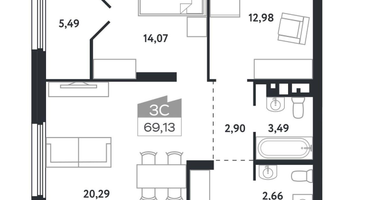 3-к. квартира, 69 м²