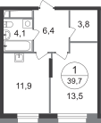 1-к. квартира, 39 м²