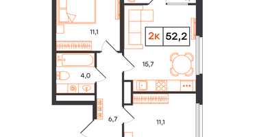 2-к. квартира, 52 м²
