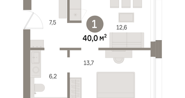 1-к. квартира, 40 м²