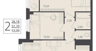 2-к. квартира, 53 м²