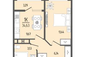 1-к. квартира, 34&nbsp;м²