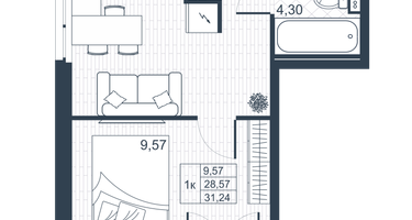 1-к. квартира, 29&nbsp;м²