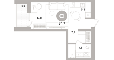 Студия, 34 м²