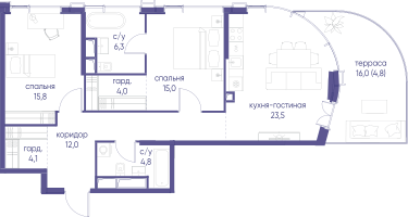 2-к. квартира, 90&nbsp;м²