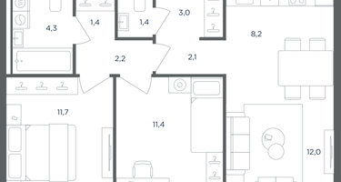 3-к. квартира, 57 м²