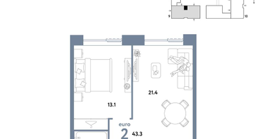 2-к. квартира, 43&nbsp;м²