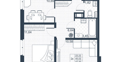 2-к. квартира, 45 м²