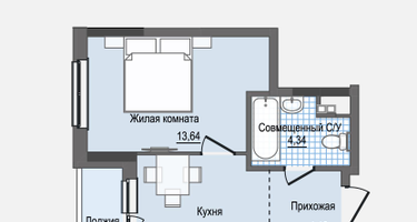 1-к. квартира, 34&nbsp;м²