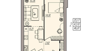 2-к. квартира, 46&nbsp;м²