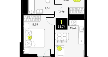1-к. квартира, 38&nbsp;м²